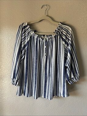 Tea Please Women's Off Shoulder Navy White Striped Peasant Blouse Sz L TC0005